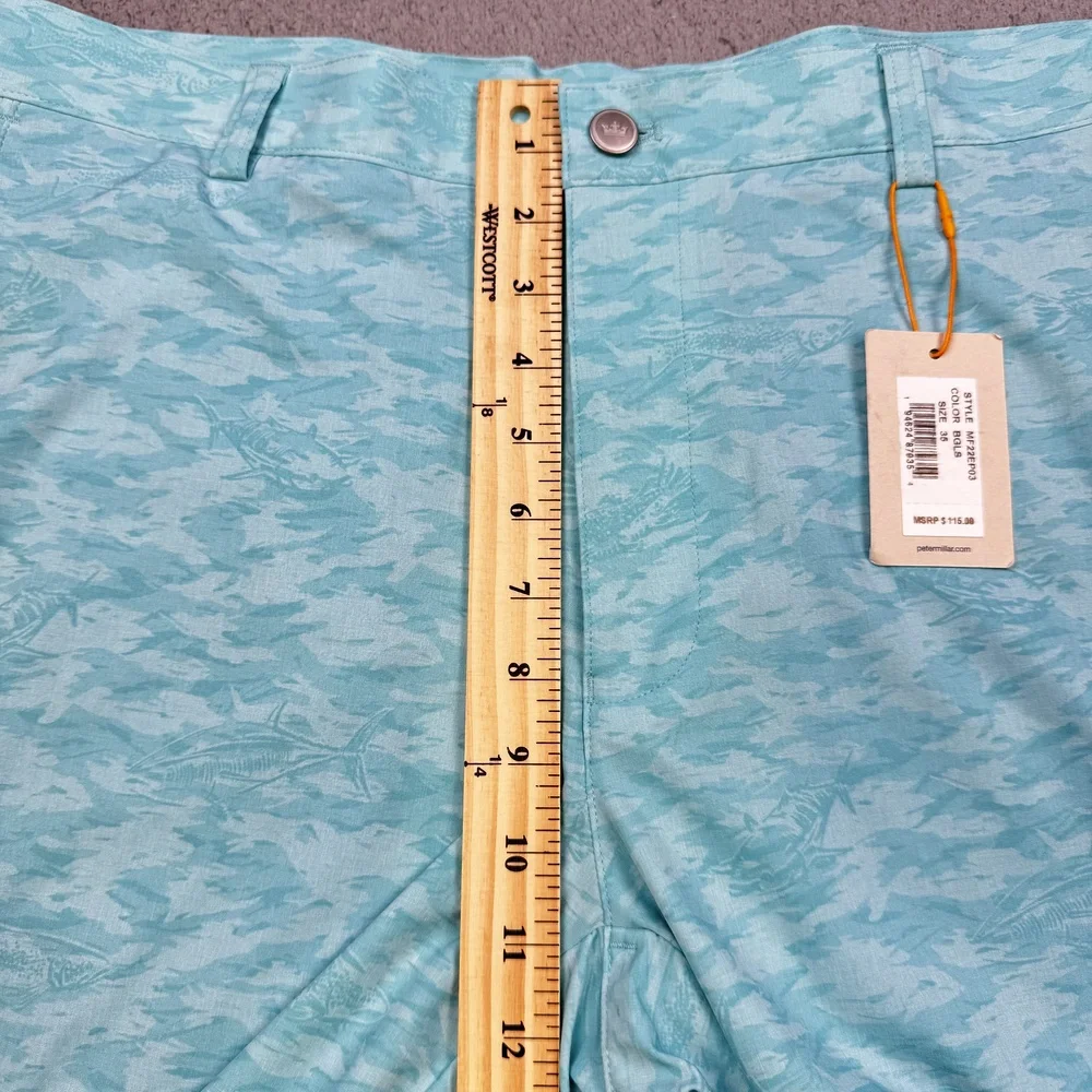 Peter Millar Crown Sport Shorts Mens 35 Blue Fish Print Beach Glass Golf Stretch